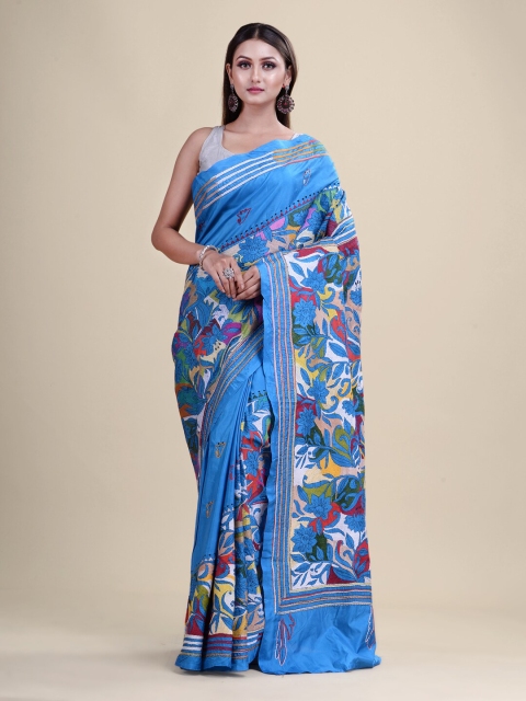 

Laa Calcutta Blue & White Woven Design Kantha Work Silk Blend Saree