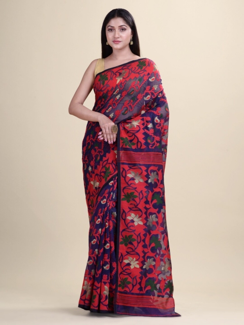 

Laa Calcutta Blue & Red Floral Silk Cotton Jamdani Saree