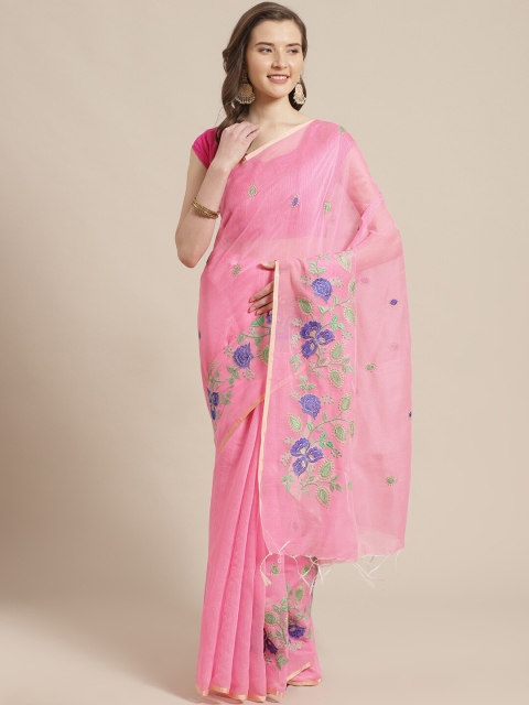 

Laa Calcutta Pink & Green Floral Bengal Silk Tant Jamdani Saree