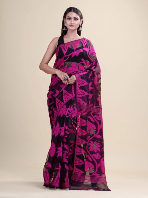 

Laa Calcutta Black & Pink Woven Design Pure Silk Jamdani Saree