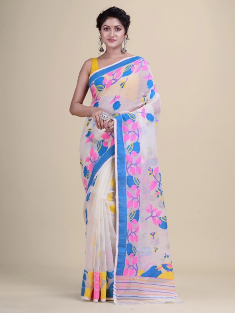 

Laa Calcutta White & Pink Floral Handwoven Silk Cotton Jamdani Saree