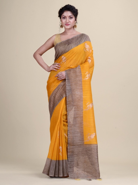 

Laa Calcutta Yellow & Gold-Toned Woven Design Silk Cotton Taant Saree