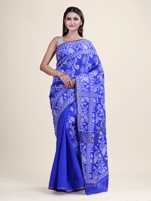 

Laa Calcutta Blue & Silver-Toned Woven Design Silk Cotton Jamdani Saree