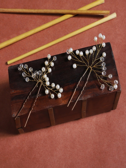 

AQUASTREET Women Set of 2 Gold-Toned & White Pearls Beaded U Pins