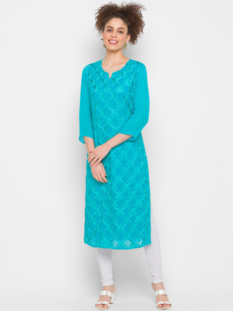 

ZOLA Turquoise Blue Floral Embroidered Straight Kurta