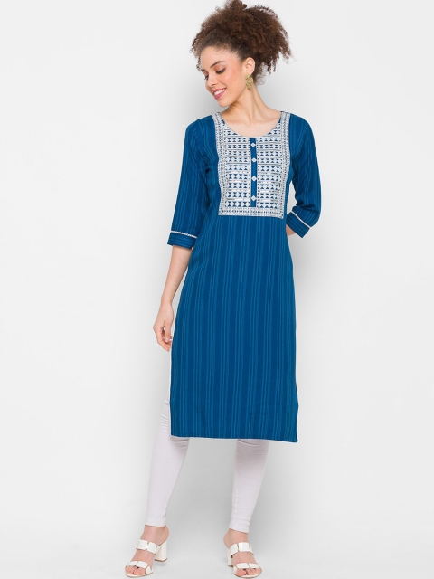 

ZOLA Women Blue & White Ethnic Motifs Printed Embroidered Detail Kurta
