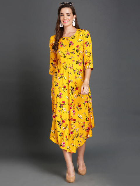 

Darzi Yellow Floral Crepe A-Line Midi Dress