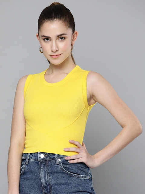 

VividArtsy Women Yellow Ribbed Fitted Top