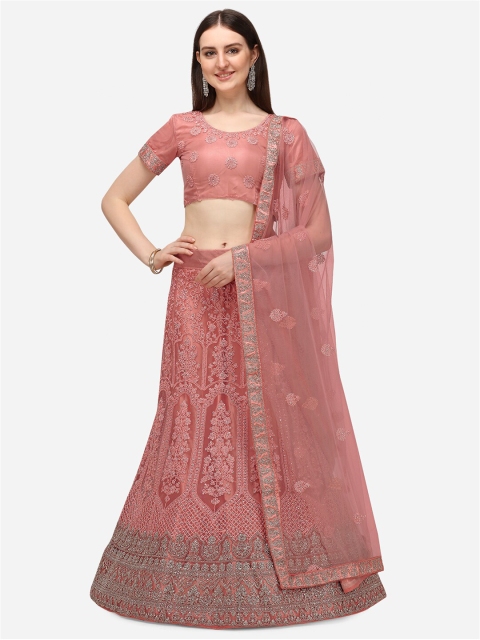

V SALES Peach-Coloured & Silver-Toned Embroidered Semi-Stitched Lehenga Choli
