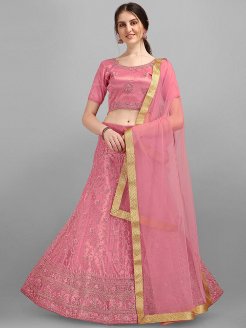 

V SALES Pink & Gold-Toned Embroidered Semi-Stitched Lehenga & Unstitched Blouse With Dupatta