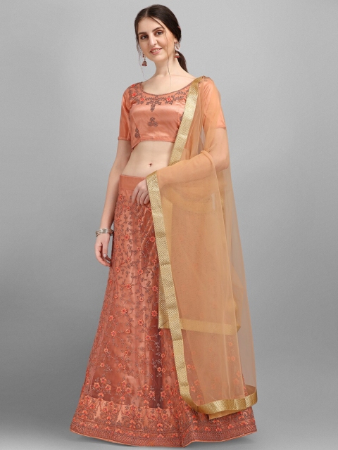 

V SALES Peach & Gold Embroidered Semi-Stitched Lehenga & Unstitched Blouse With Dupatta