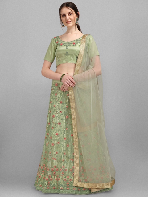 

V SALES Olive Green & Gold-Toned Embroidered Semi-Stitched Lehenga Choli