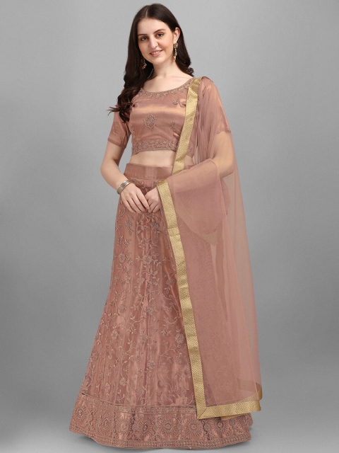 

V SALES Brown & Gold-Toned Embroidered Semi-Stitched Lehenga & Unstitched Blouse With Dupatta