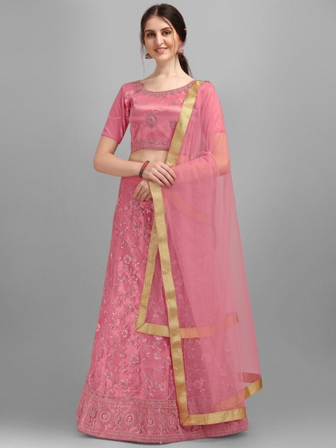

V SALES Pink & Gold-Toned Embroidered Semi-Stitched Lehenga Choli
