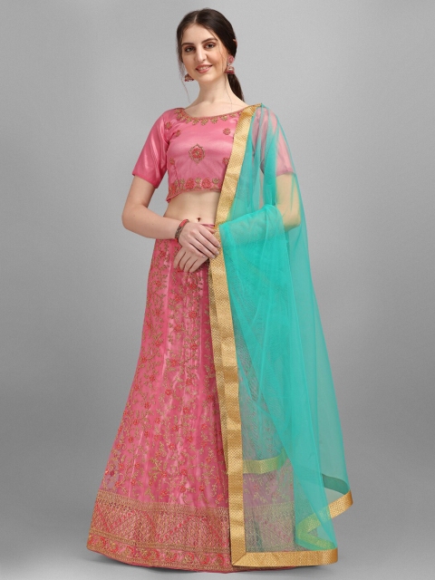 

V SALES Pink & Blue Embroidered Semi-Stitched Lehenga & Unstitched Blouse With Dupatta