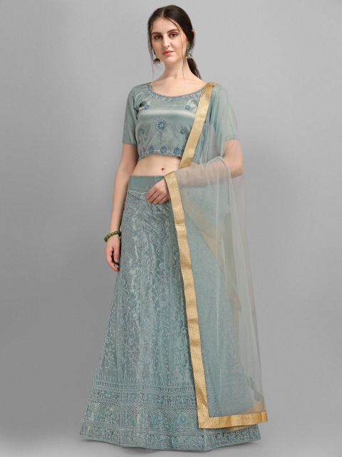 

V SALES Sea Green & Gold-Toned Embroidered Semi-Stitched Lehenga & Unstitched Blouse With Dupatta