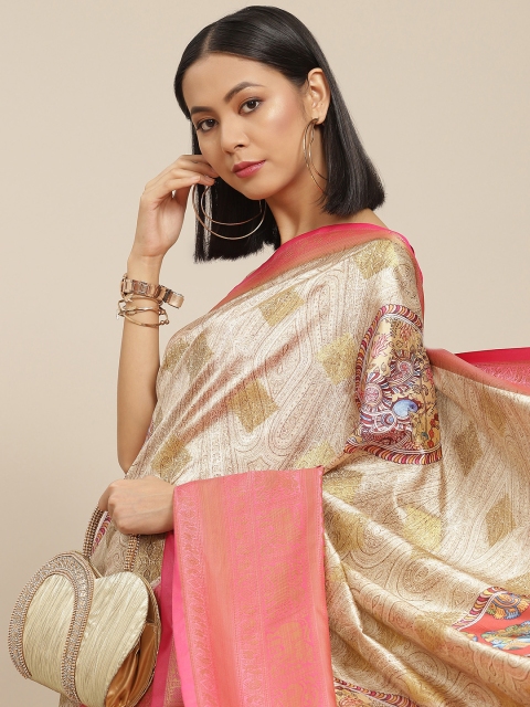 

Silk Land Beige & Pink Ethnic Motifs Zari Banarasi Saree