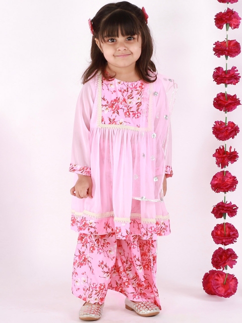 

Little Bansi Girls Pink Floral Embroidered Empire Pure Cotton Kurta with Skirt & With Dupatta