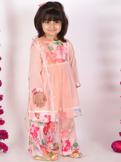 

Little Bansi Girls Peach-Coloured Floral Pure Cotton Kurta with Skirt & With Dupatta