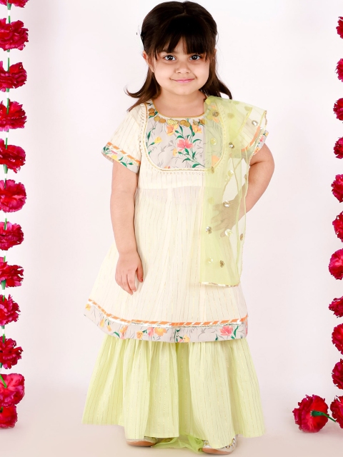

Little Bansi Girls Green Floral Embroidered Pure Cotton Kurta with Sharara & With Dupatta