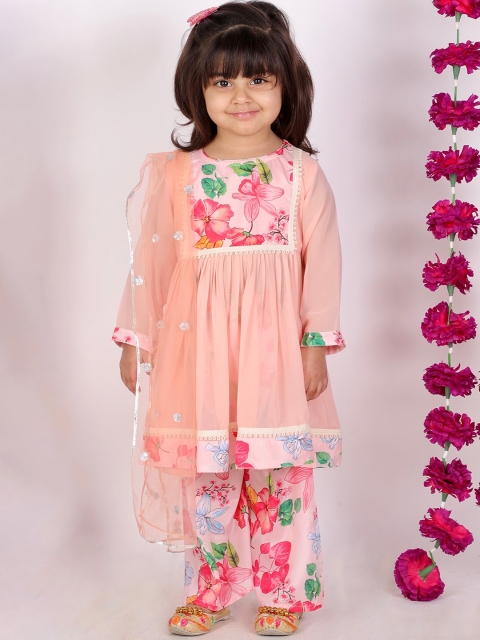 

Little Bansi Girls Peach-Coloured Floral Pure Cotton Kurta with Skirt & With Dupatta