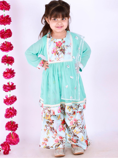 

Little Bansi Girls Blue Floral Embroidered Top with Sharara & With Dupatta