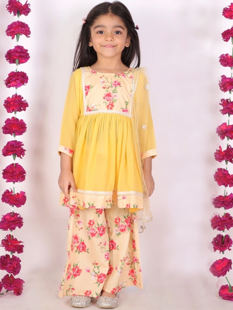 

Little Bansi Girls Yellow Floral Yoke Design Kurta with Palazzos & With Dupatta