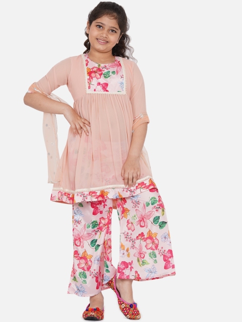 

Little Bansi Girls Peach-Coloured Floral Yoke Design Pleated Pure Cotton Kurti with Dhoti Pants & With