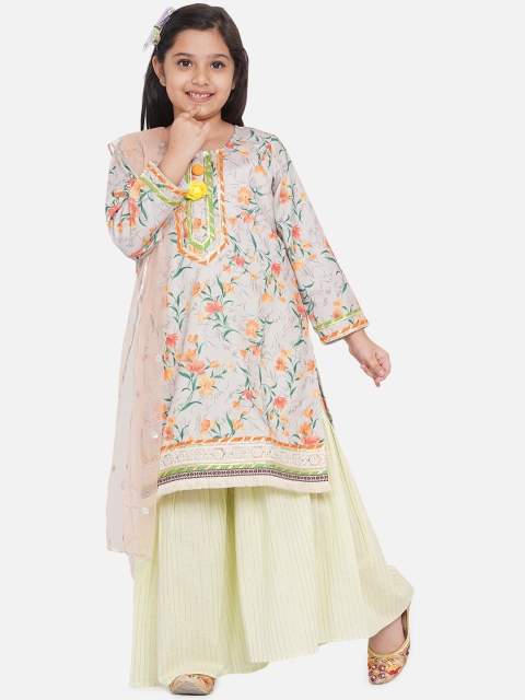 

Little Bansi Girls Green Embroidered Pure Cotton Kurti with Skirt & With Dupatta