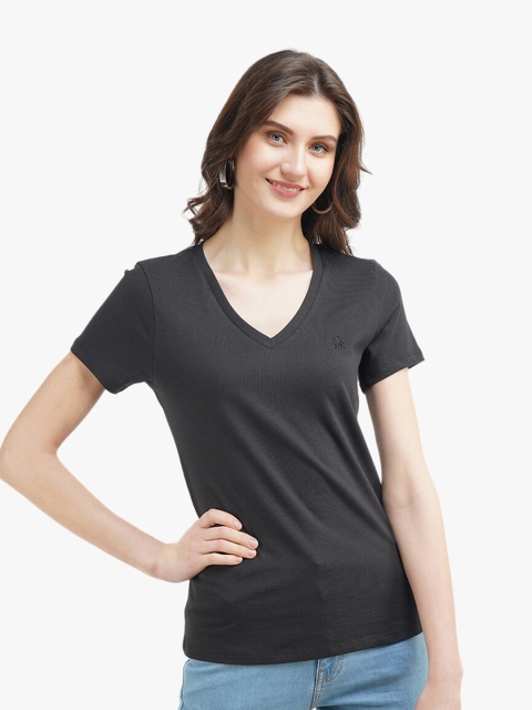 

United Colors of Benetton Women Black V-Neck Applique T-shirt