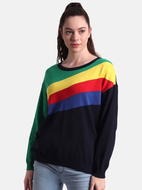 

United Colors of Benetton Women Navy Blue Striped Extended Sleeves Top