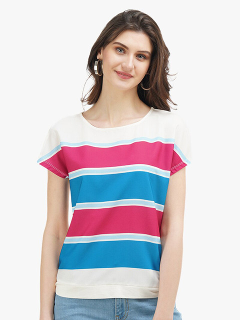 

United Colors of Benetton White & Pink Striped Extended Sleeves Top