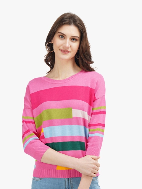 

United Colors of Benetton Women Pink Colourblocked Cotton Top