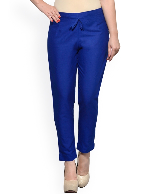 

Tulsattva Women Navy Tapered Fit Flat-Front Trousers, Navy blue