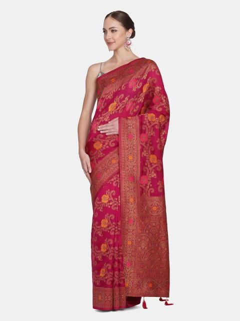 

BOMBAY SELECTIONS Magenta & Gold-Toned Floral Zari Pure Silk Banarasi Saree