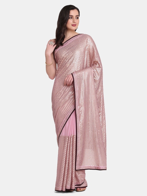 

BOMBAY SELECTIONS Pink & Silver-Toned Embellished Satin Saree