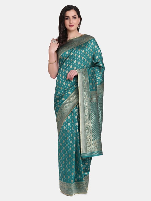 

BOMBAY SELECTIONS Green & Gold-Toned Woven Design Zari Art Silk Banarasi Saree