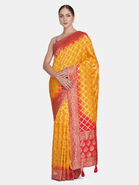 

BOMBAY SELECTIONS Yellow & Gold-Toned Woven Design Zari Pure Silk Banarasi Saree
