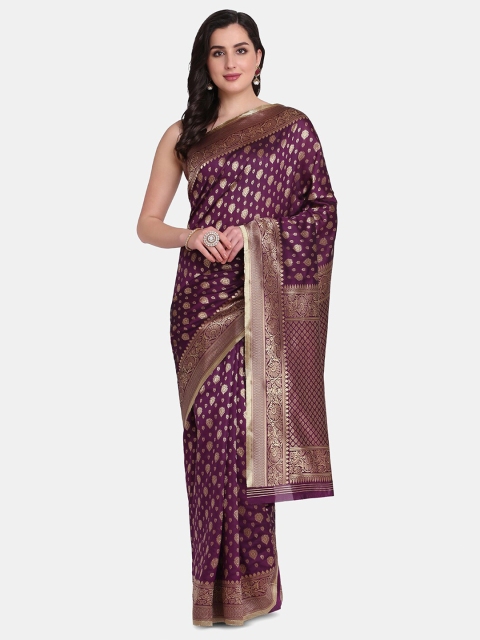 

BOMBAY SELECTIONS Purple & Gold-Toned Floral Zari Art Silk Banarasi Saree