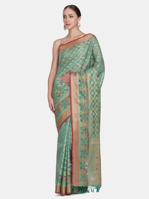 

BOMBAY SELECTIONS Green & Gold-Toned Woven Design Beads and Stones Organza Banarasi Saree