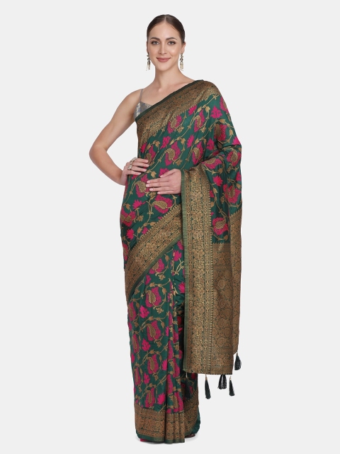 

BOMBAY SELECTIONS Green & Pink Floral Zari Pure Silk Banarasi Saree