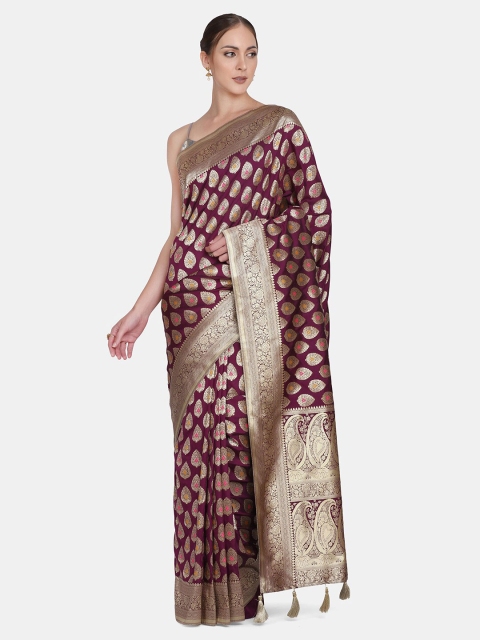 

BOMBAY SELECTIONS Burgundy & Gold-Toned Woven Design Zari Pure Silk Banarasi Saree