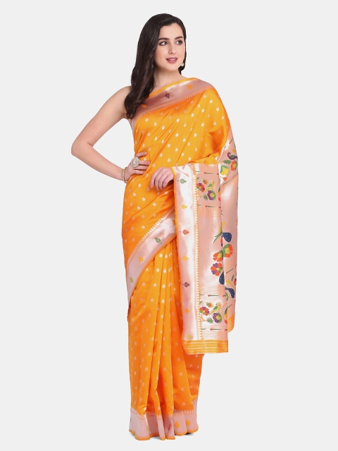 

BOMBAY SELECTIONS Yellow & Grey Floral Zari Pure Silk Kanjeevaram Saree