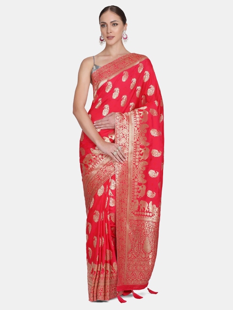 

BOMBAY SELECTIONS Pink & Gold-Toned Woven Design Zari Art Silk Banarasi Saree