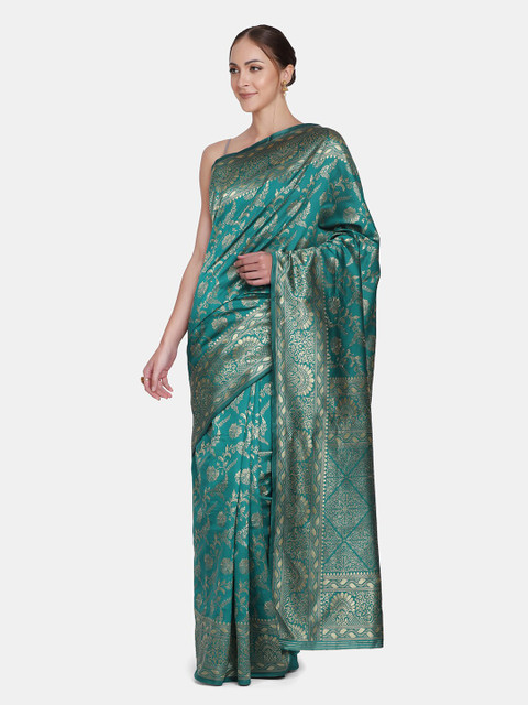 

BOMBAY SELECTIONS Green & Gold-Toned Woven Design Zari Art Silk Banarasi Saree