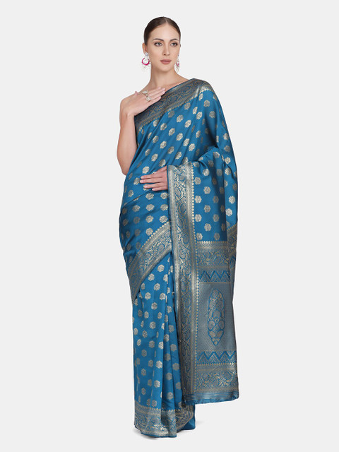 

BOMBAY SELECTIONS Blue & Silver-Toned Woven Design Zari Art Silk Banarasi Saree