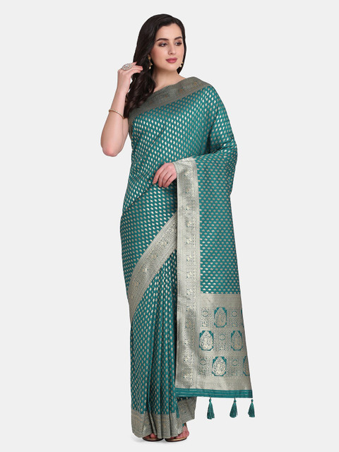 

BOMBAY SELECTIONS Green & Silver Paisley Zari Pure Silk Banarasi Saree