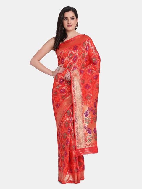 

BOMBAY SELECTIONS Red & Gold-Toned Floral Pure Silk Kanjeevaram Saree