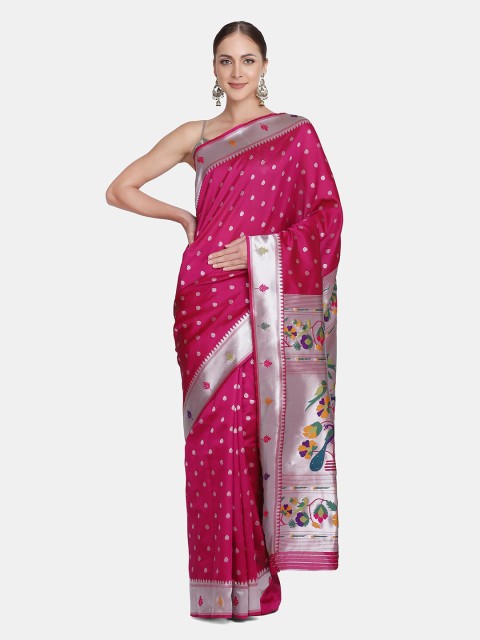 

BOMBAY SELECTIONS Magenta & Silver Floral Zari Pure Silk Kanjeevaram Saree