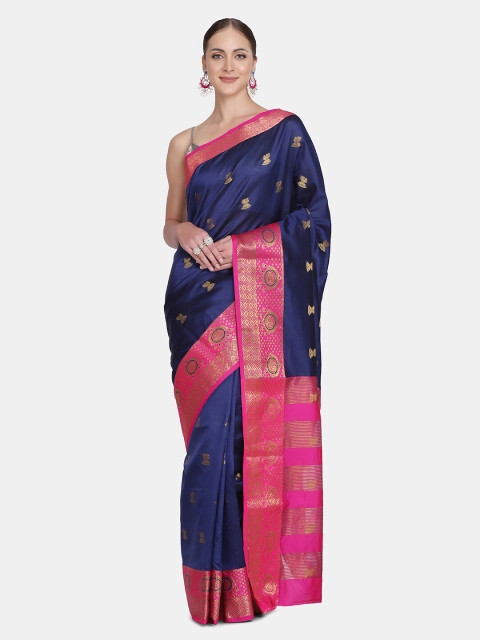 

BOMBAY SELECTIONS Navy Blue & Pink Woven Design Zari Art Silk Banarasi Saree